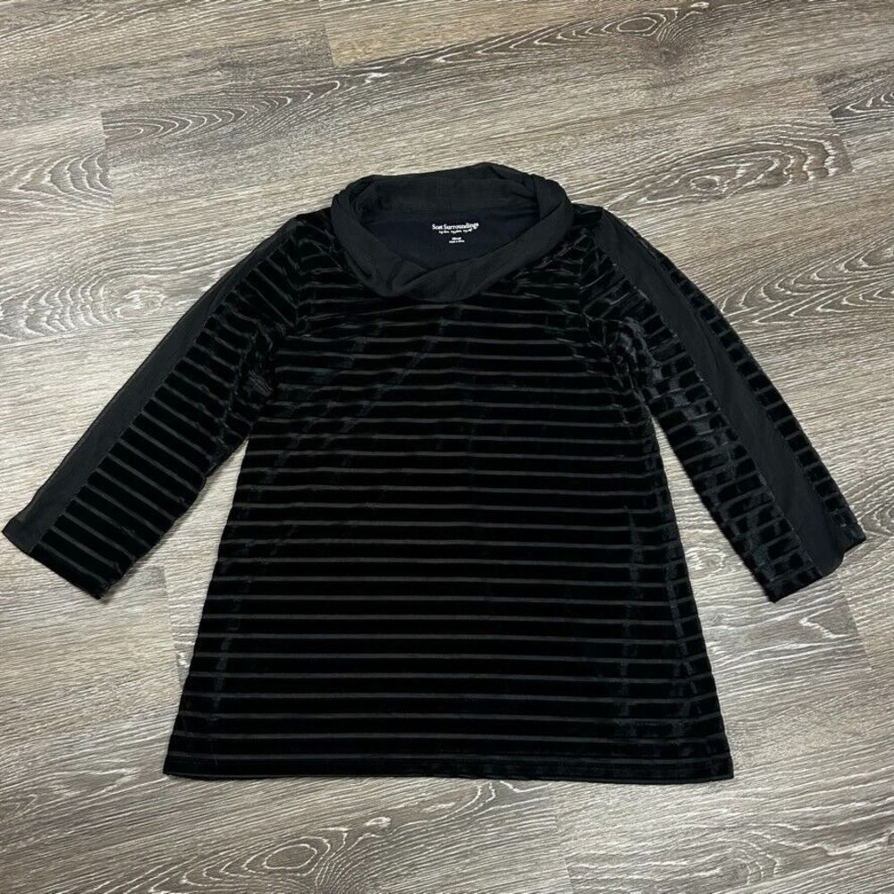 Soft Surrounding Black 3/4 Sleeve Velvet Striped Blouse Sweater Size XS